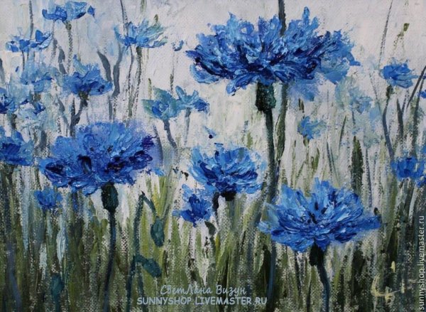 Голубые цветы гуашью