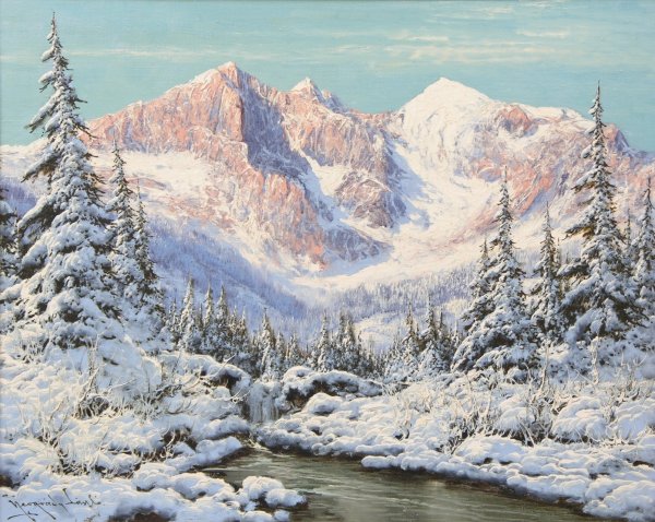 Художник Вещилов зима горы река картина