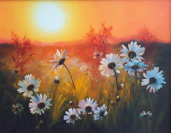 Пейзаж с ромашками живопись