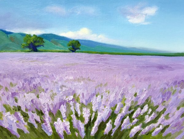 Поле лаванды акварелью