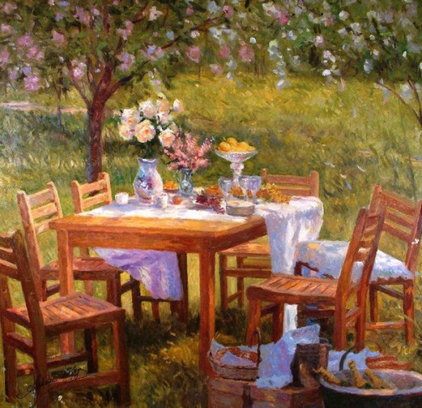 Столик в саду живопись