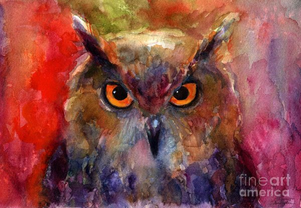 Сова акварелью