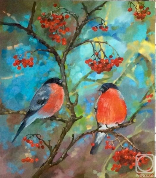 Снегири на рябине живопись
