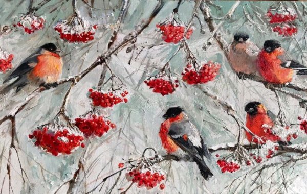 Снегири на ветке живопись