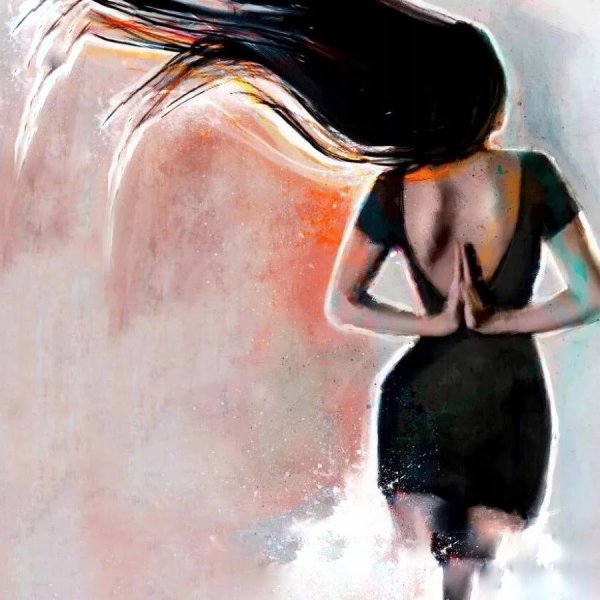 Нарисованная брюнетка со спины