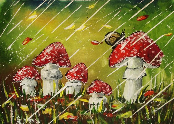 Мухоморы срезанные гуашью