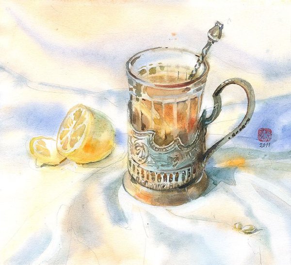 Стакан в подстаканнике акварелью