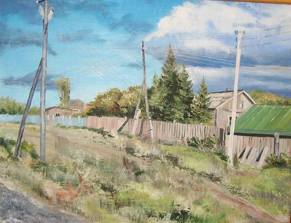 Электрические столбы в живописи в деревне