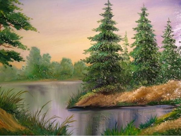 Картина маслом с елями летом