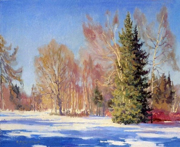 Зимний пейзаж с елями маслом