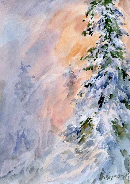 Снежный пейзаж акварелью