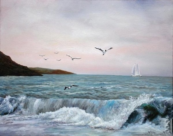 «Морской пейзаж с чайкой и яхтами» Дарья Куцаева