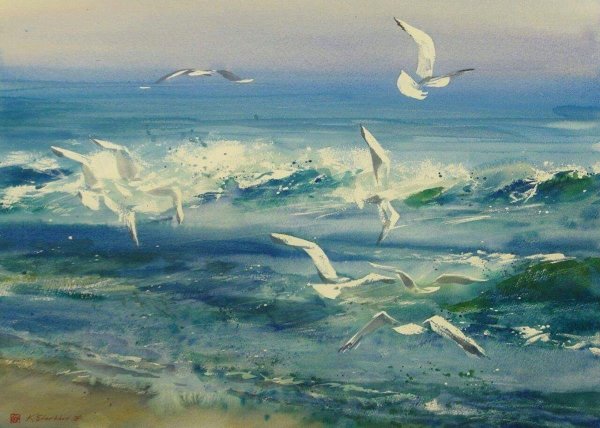 «Морской пейзаж с чайкой и яхтами» Дарья Куцаева