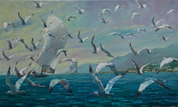 Чайки над морем живопись