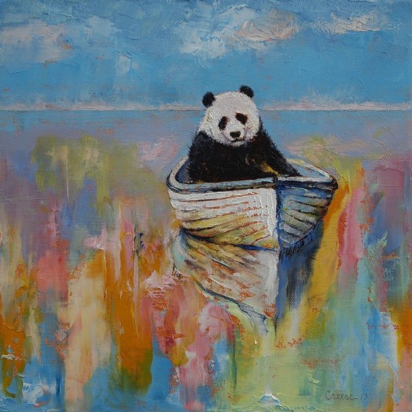 Панда на море акварель