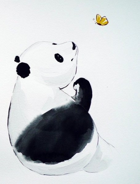 Панда с сердечком акварелью