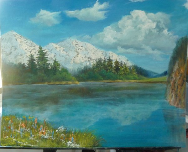 Пейзаж гуашью озеро