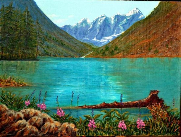 Горный пейзаж с озером маслом