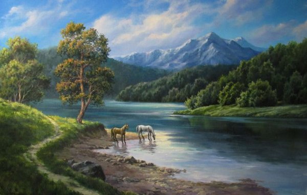Живопись горные пейзажи с озером