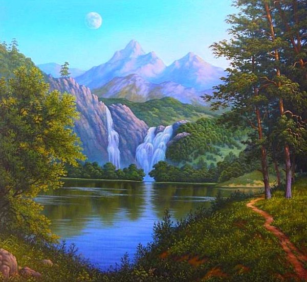 Горный лес водопад Виталия Потапова вышивка