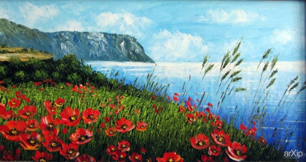 Пейзаж с маками живопись