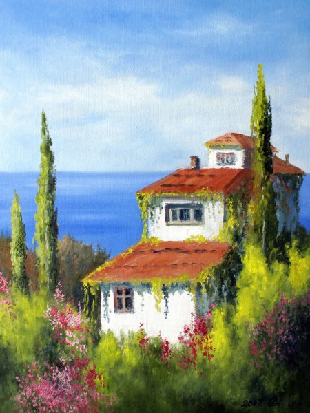 Пейзаж с домиком маслом