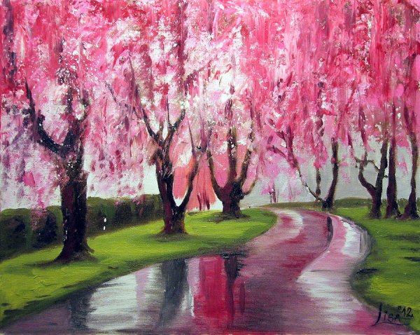 Пейзаж в розовых тонах живопись