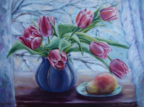 Натюрморт с тюльпанами живопись