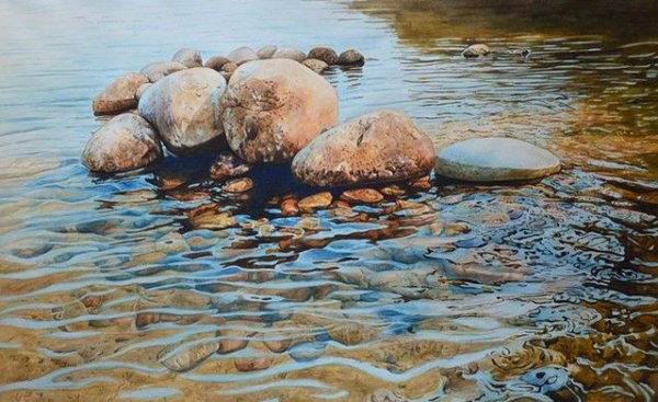 Камни в воде акварелью