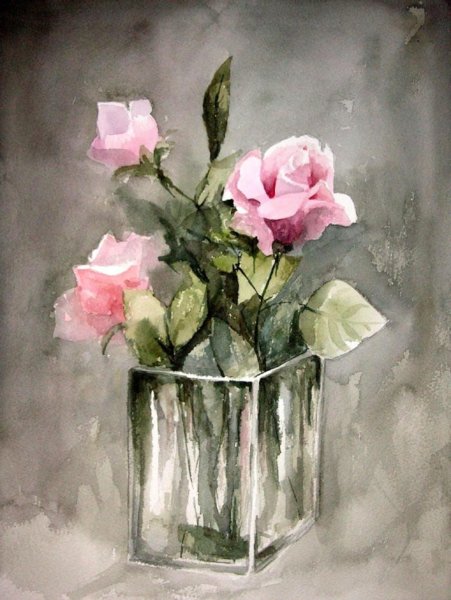 Цветы в вазе акварелью