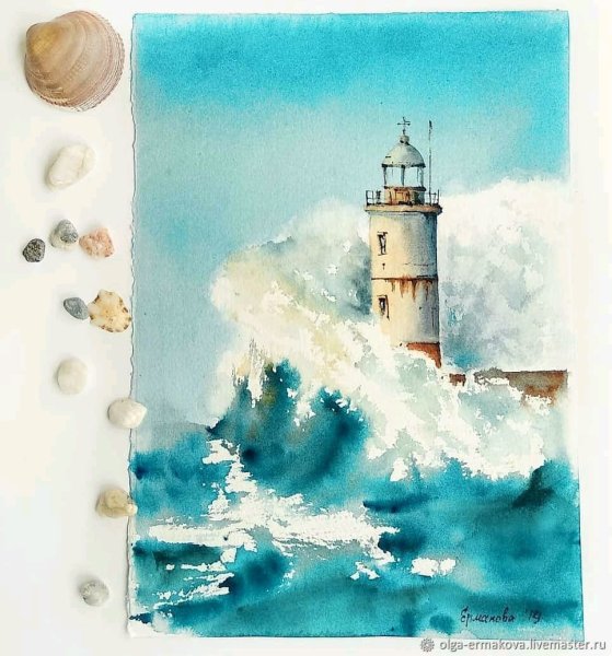 Акварель море Маяк