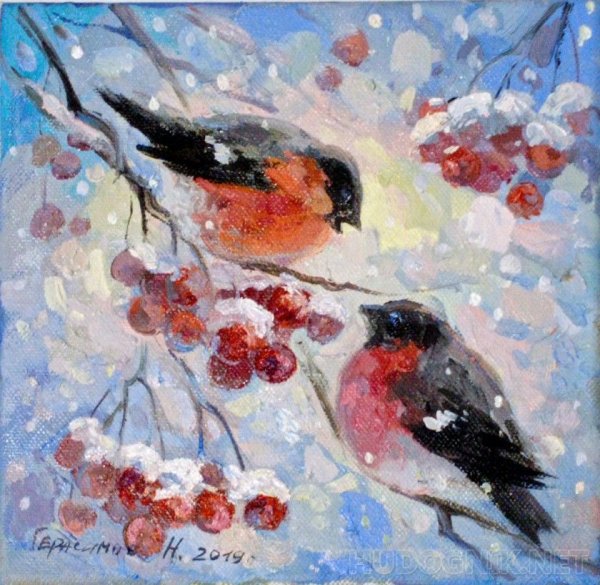 Снегири на рябине живопись