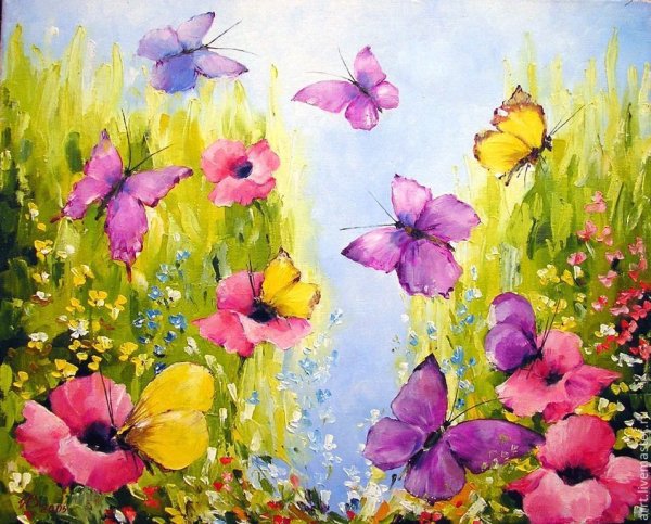 Бабочки маслом на холсте