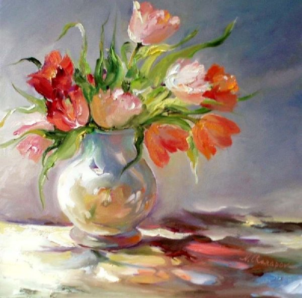 Цветы в вазе гуашью