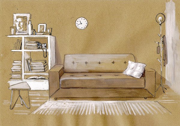 Акварель интерьер диван