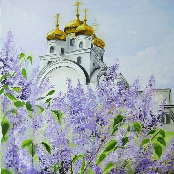 Трушникова пейзаж Церковь акварель