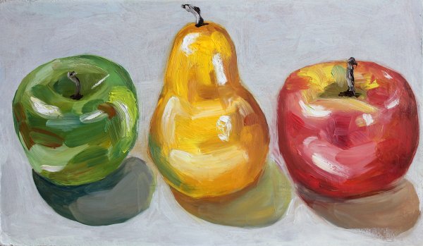 Натюрморт яблоко и груша акварелью