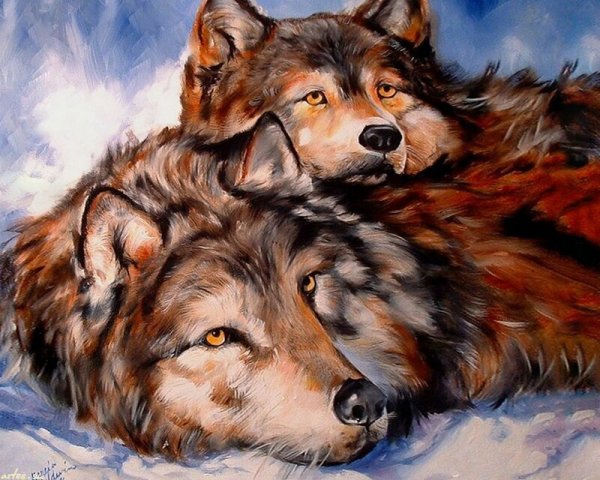 Две волчицы. Картина красками