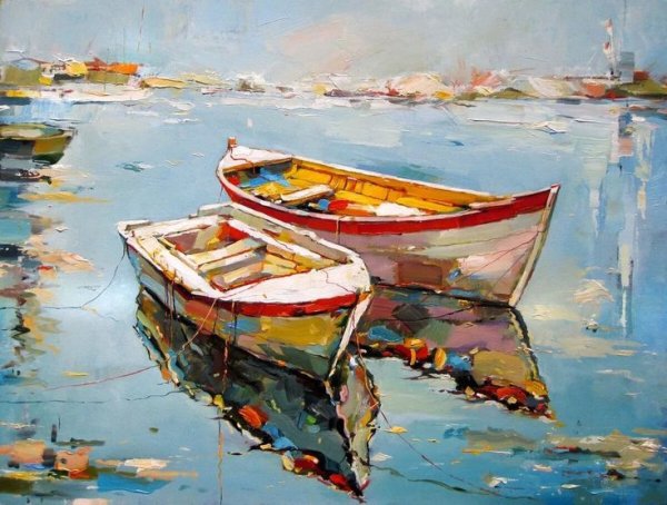 Лодки у причала живопись