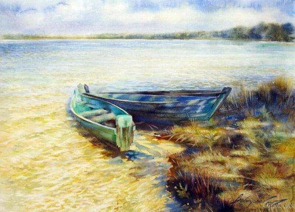 Лодка на воде акварель