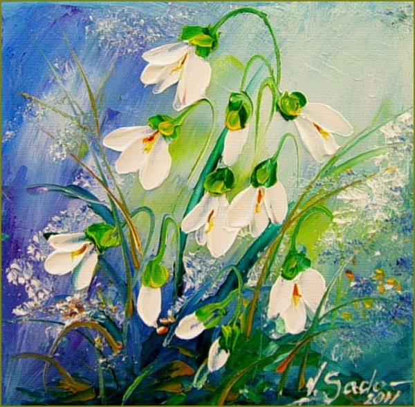Живопись подснежников на холсте