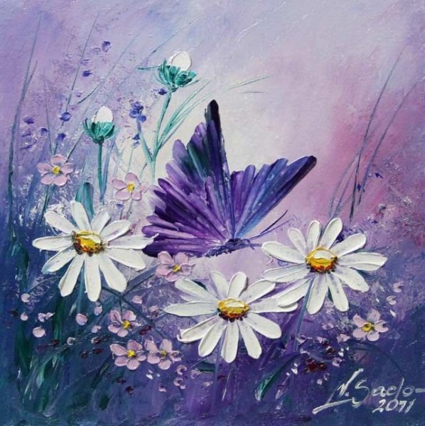 Ромашки с бабочками красками