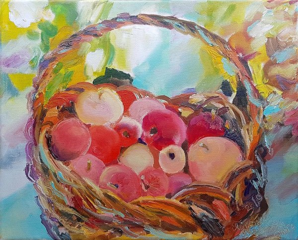 Корзина с яблоками живопись