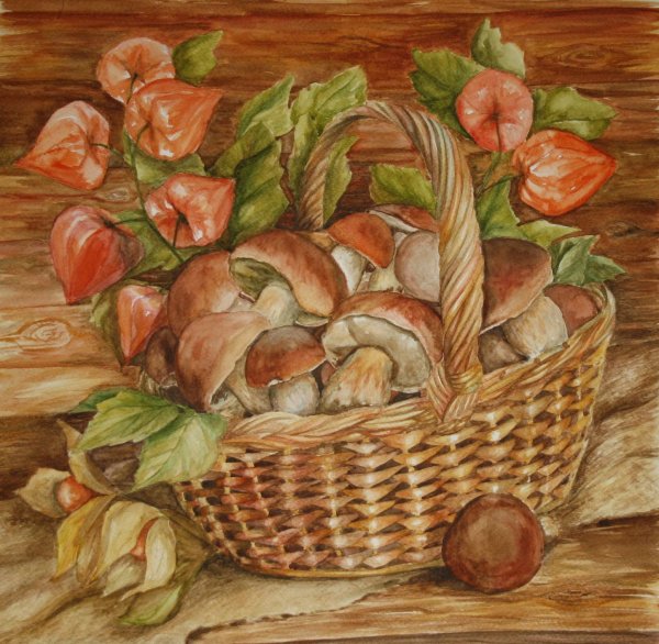 Лукошко с грибами рисунок