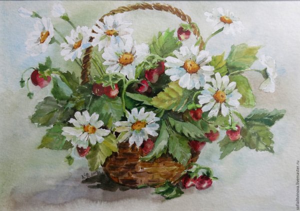 Корзина с цветами акварель