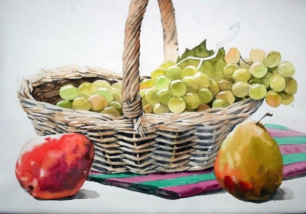 Корзина с фруктами акварель