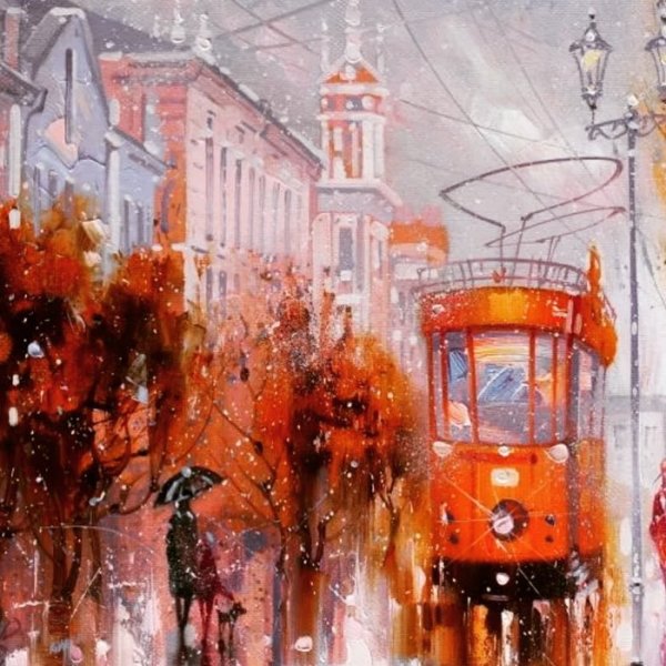 Городской пейзаж с трамваем