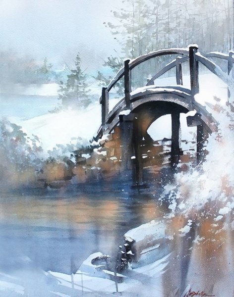 Томас Шаллер акварель зимняя