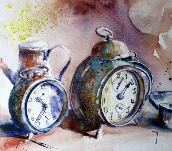 Натюрморт с часами акварелью