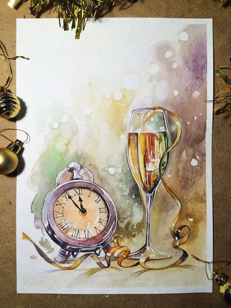 Часы акварель